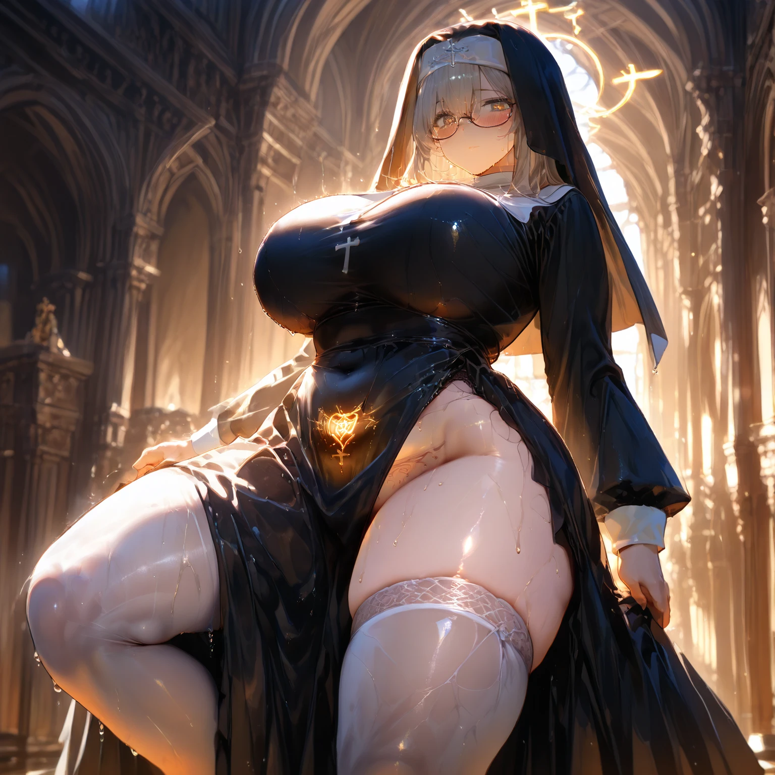 sensual, long blonde hair, thick thighs, 8K, 4K, highest quality, High resolution:1.2), cute anime face, noise reduction, shining blue eyes, gentle smile, wearing a headband, naked, toned abdominal muscles, muscular arms, muscular legs, (((exposed nipples))). , young face, anime chic eyes, In a church, white bodysuit, white rubber suit,nun,white panties, Lock,nun,O-ring,See-through,veil,elbow bag,Mistress,collar,cuffs ,thigh strap,thigh boots, 