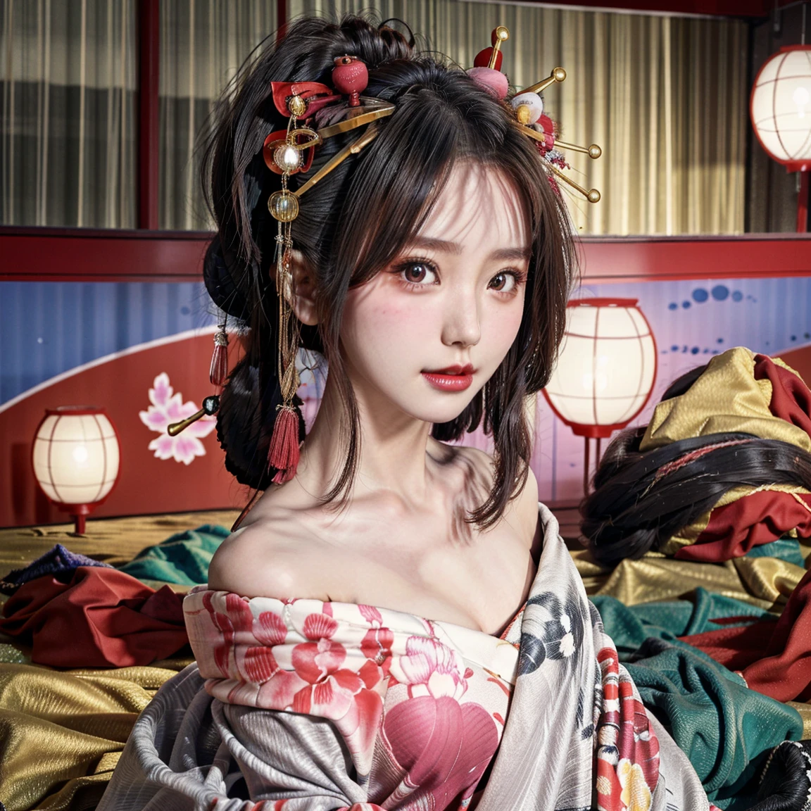 (PUNIPUNI clavicle KIMONO ((offshoulder)) KANZASHI FlowerHairpins Topknot TwinBun Oiran-Hair)High-level, 8K Masterpiece TopQuality, Ultra-detailed CG, Absurd detailed wallpaper, PerfectLighting, Extremely detailed (((Personifying " OIRAN " as a KAWAII Girl))), Characteristic Items, aesthetic LifeLike Rendering, MysticSight, Haze Tyndall Scattering, (Studio GRAY Background with (Oodles Dazzling Iridescent 🌈Particles (BokeH))), (((Assfocus)) RoundlyButt) ThighGap, (Exposed:0.44) 🔞 BREAK (Acutance:0.8), (NOGIZAKA FaceVariations) Extremely Detailed very KAWAII FaceVariations, Childish CaptivatingGaze ElaboratePupils ParfectEyes with (SparklingHighlights:1.28), (Voluminous LongEyelashes:0.88), 💄💋✨ GlossyRedLips with BeautifulDetails, CoquettishTongue, PUNIPUNI RosyCheeks, Radiant PearlSkin with Transparency, Glowing DowneyHair . { (Dynamic LifeLike expressions:1.4) | (:d) }, (large eyes:-1) .