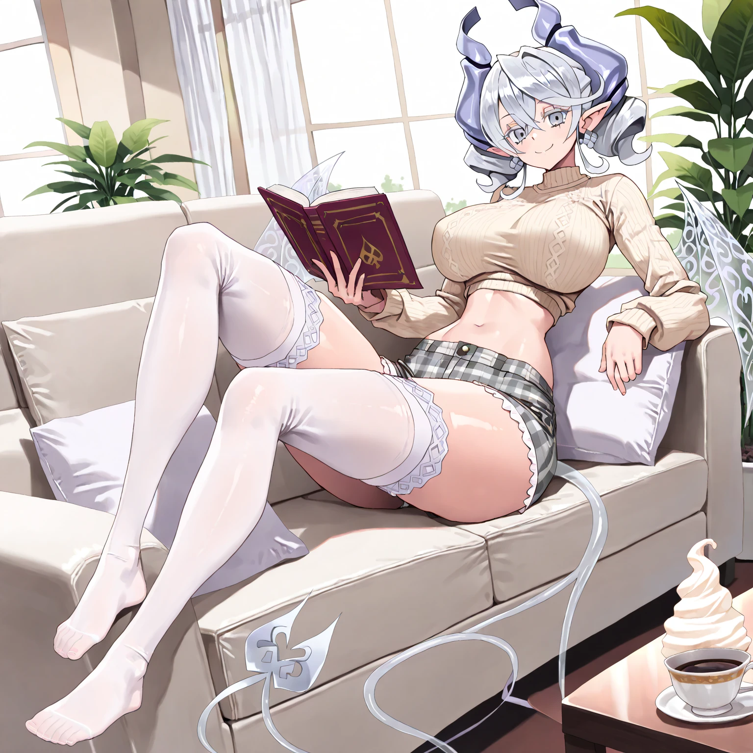 (masterpiece, best quality,1.3),extremely detailed,1girl,(frieren:1.6),pointy ears,elf,round face,green eyes,navel,small breasts,white hair,twintails,parted bangs,smile,solo,(reading magic book),white tank top,frayed denim shorts,sleeveless,barefoot,crossed legs,glasses,library,looking book,blush,best quality,amazing quality,very aesthetic,absurdres,