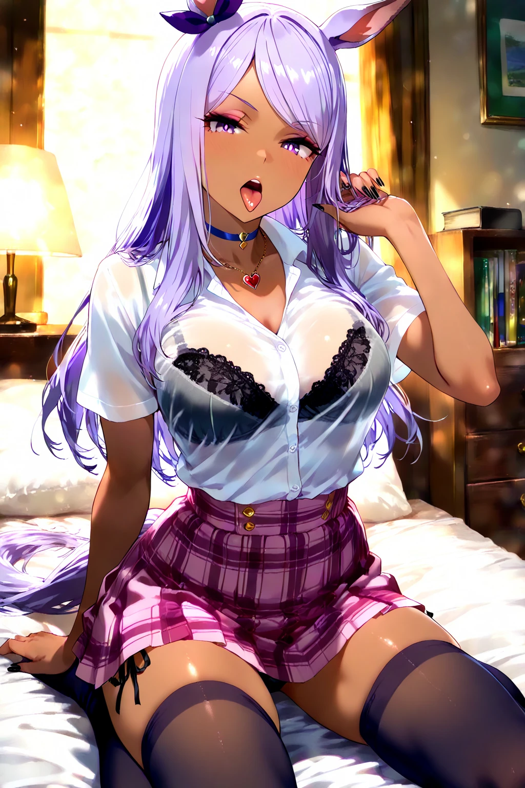 (Tabletop, highest quality, Super detailed), One Girl, Purple eyes, Blonde Hair, Dark Skin, Twin tails、((Sleeveless jacket))、((pantyhose))、Denim hot pants、(Bedroom)、M-shaped sitting、(Hands behind head)、(Spread your legs)