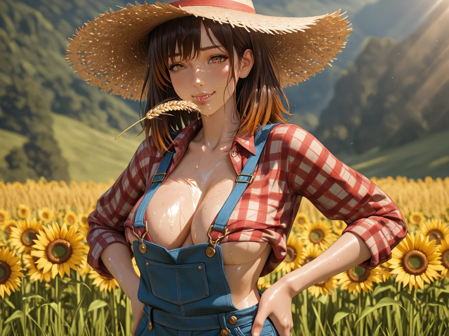 wonderful a 21 year old woman dressed as a cowgirl with brown suspender ,gunbelt  and bandana black clothing and her genitals visible topless nude  and nipples bigger-boobs smile  same person no change in house of  4 poses styles.