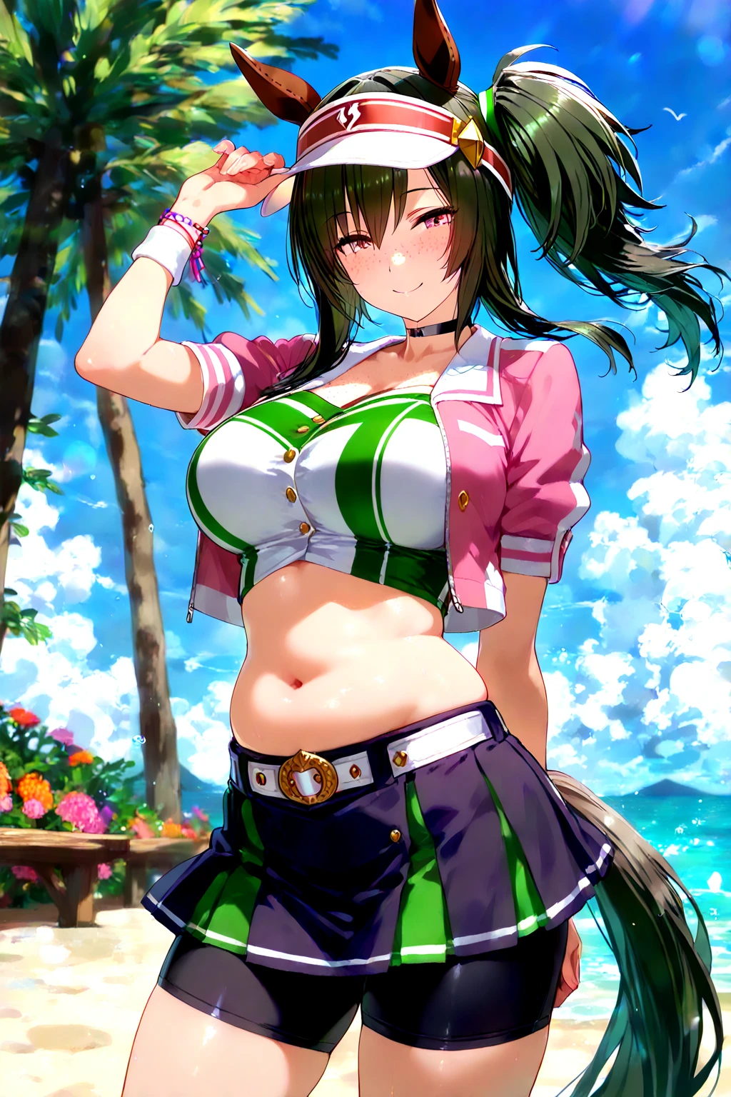 Woman, Athletic and toned body, light skin tone, long black hair tied in a ponytail, green eyes with a penetrating and seductive look, breasts big, exciting look, a black bra, a short green skirt, she is on a volleyball court, cute pose
