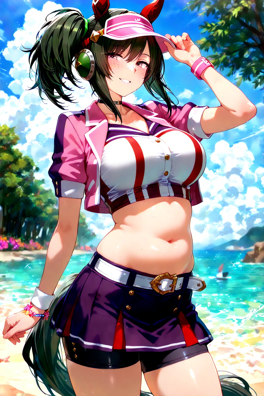 Masterpiece ,Best Quality , high resolution , ultra detail , showy , Luz outfit , soft light , sunlight , bright , (perfect fingers , detailed fingers, perfect hands) , (1 girl solo:1.38) , (Misato Katsuragi) , (black eyes, Horse tail , purple Hair, half_long_Hair, make up, collar, high, Skinny body,) , (Animator , applause , holding pompom , Skirt , belly button , stomach , socks , nod) , (neckline:1.15) , (big chest:1.1) , (exterior , gym,playing field,entertainers ,Strong winds,gale,flying ribbons,victoria) , (standing cowboy shot) , ( full face blush , shy , SMILE , Open mouth) , (face viewer , look at the viewer)