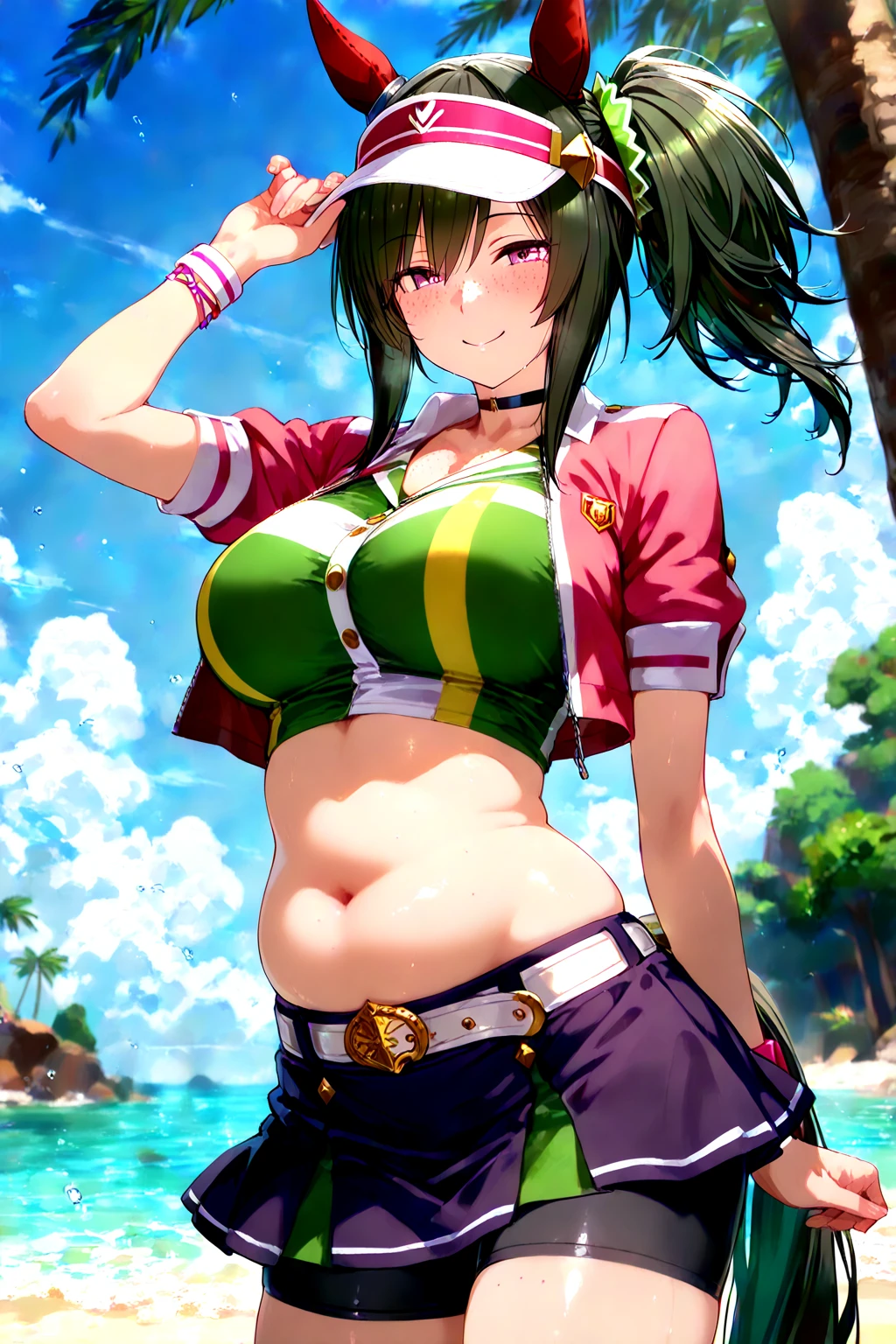 nsfw, ((best quality)), (high resolution), (solo), (1girl), fuji kiseki \(umamusume\), (cowboy shot), horse's tail, (smile face), (large breasts), show off nipple, (micro bikini), fantasy, white background