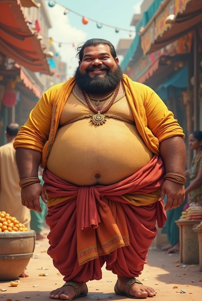 (photorealism:1.2), a man with puncha and towel on shoulders with belly fat no hair with pony tail having umbrella in right hand spinning it,back ground Indian temple sunny day,best quality high detailing,with kunkuma on fore head with no breed