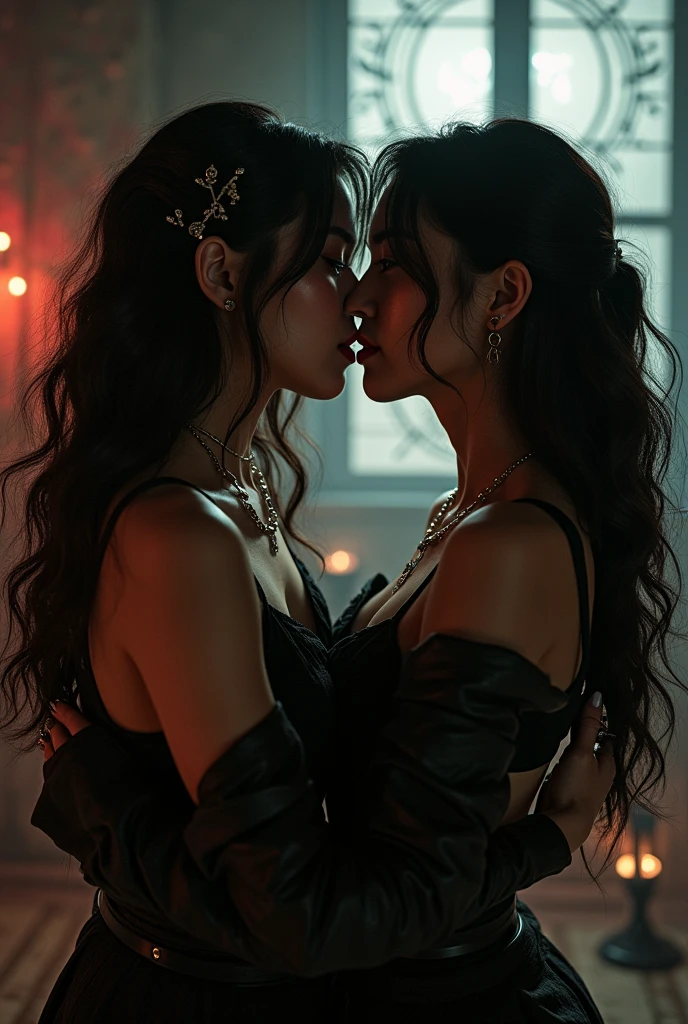 Hermosa piel detallada, cuerpo detallado, hermoso cabello detallado, there is a woman and woman besoing each other in a room, beso, ardiendo intensamente, seductor, caliente, deseo intenso, cerrar escena, sexy movie pcaliente, abrazo, , still scaliente, imagen a color