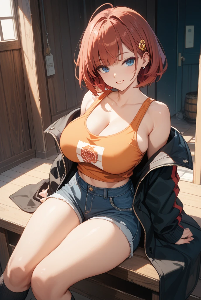 1girl, short orange hair, black-green eyes, black tank, blue shorts, black footwear, deep cleavage, large breasts, outside, sunny day, realistic, glowing eyes, standing girl, full body, navel, chubby girl