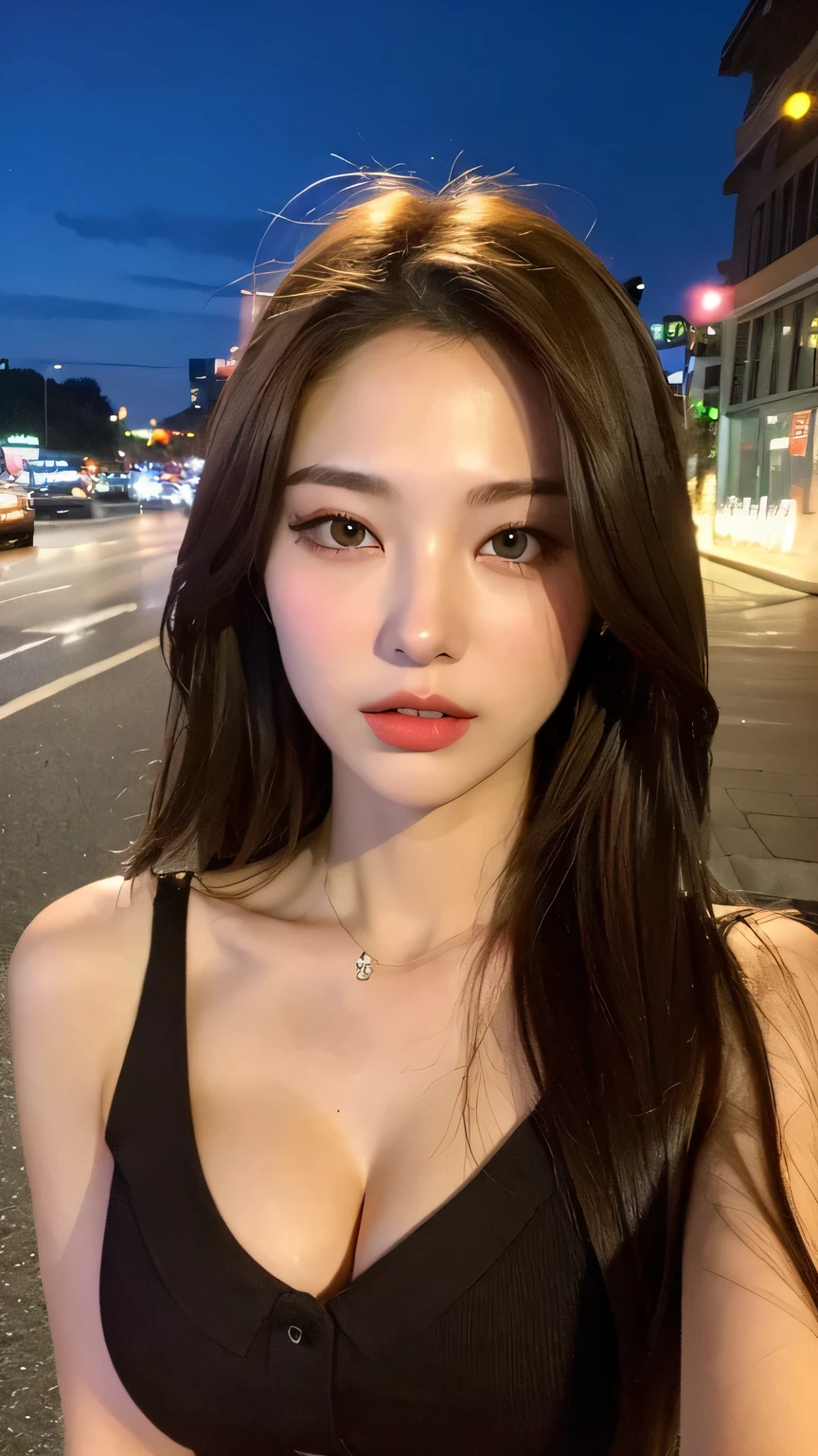 ((Realistic lighting, Best quality, 8K, Masterpiece: 1.3)), Clear focus: 1.2, 1girl, Perfect Figure: 1.4, Slim Abs: 1.1, ((Dark brown hair)), (White crop top: 1.4), (Outdoor, Night: 1.1), City streets, Super fine face, Fine eyes, Double eyelids,