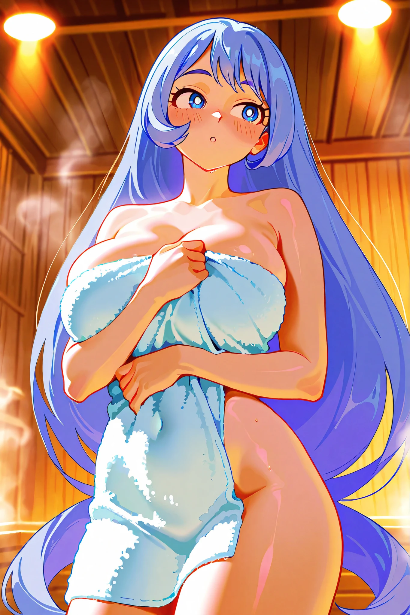 ((greatest masterpiece:1.3, ultimate quality:1.3, ultra-detailed:1.2)), (movie lighting), ((perfectly sensual)), super fine illustration, an extremely delicate and beautiful, 4K, 8K, 16K, UHD, 1 girl, big smile, ((bath towel)), Spotlight on Japanese hot springs, open-air bath, steam, deep at night, Super giant moon, Monts, snow scene, open-air bath, starry sky, multiple men and women,, style of anime