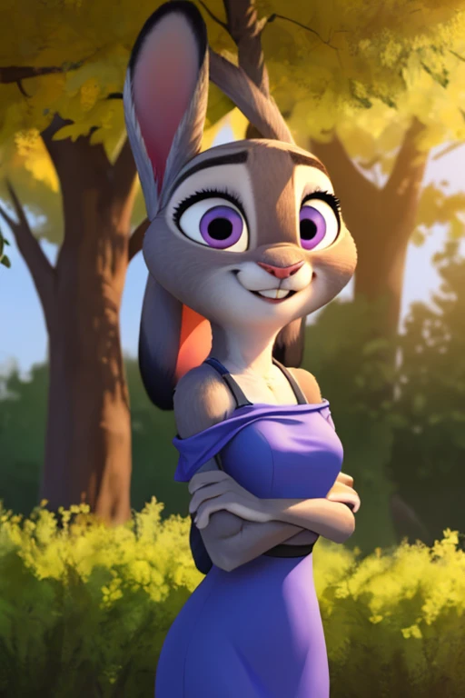 Judy hopps with delicate facial features, beautiful detailed eyes, beautiful detailed lips, extremely detailed face, long eyelashes, nude, small breasts, big buttocks, short skirt, detailed skin texture, intricate clothing folds, natural lighting, photorealistic, highly detailed, 8K, exquisite, elegant, cinematic, warm colors, soft lighting