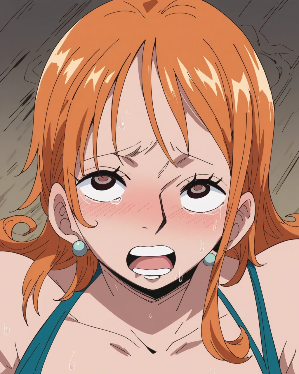 1girl, solo, Erza Scarlet, Fairy Tail, red hair, long hair, sidelocks, big breasts, cleavage, (black swimsuit), (wide-brim straw hat), aroused facial expression, closed eyes,  open mouth, blush, sweat, hot, (close-up), sunny weather, beach