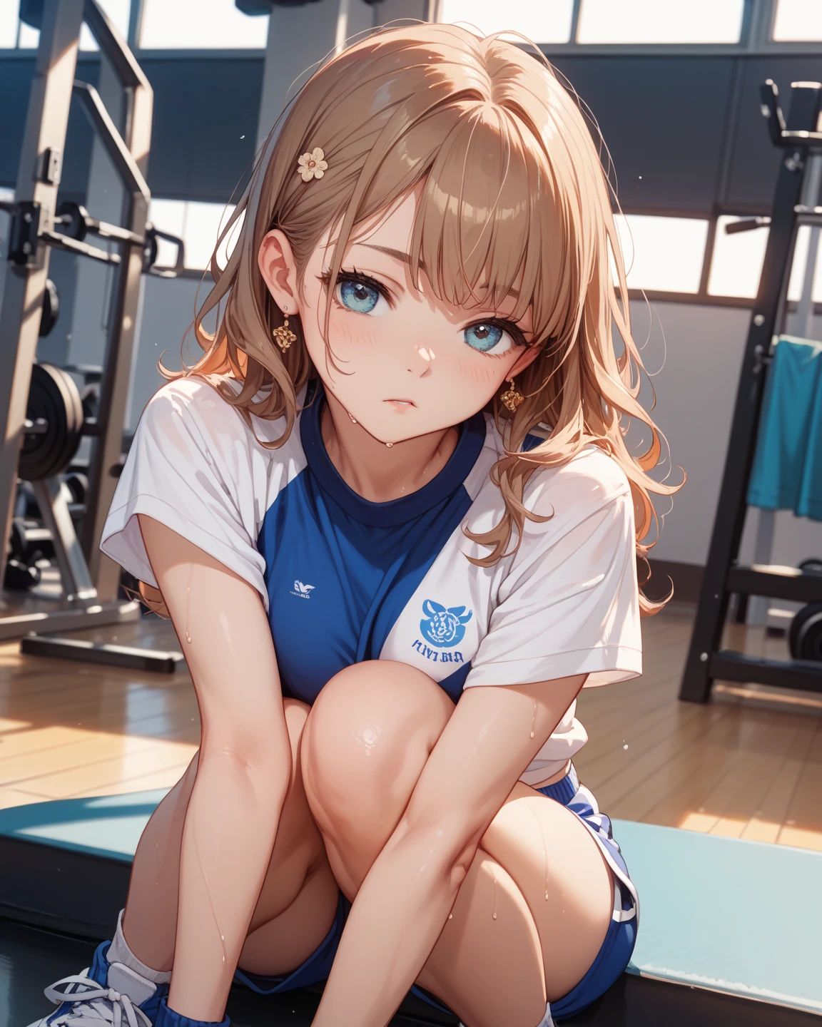 Grass wonder (umamusume) in sexy mini shorts and sports bra, crouched deadlifting with a bar with her back facing a gym mirror, sweating, High Resulution, UHD, detailed image.