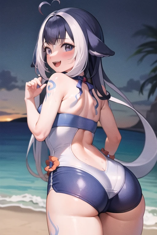 ((Masterpiece)), ((Best Quality)), (Very Detailed), ((Very Detailed)), 4K, (8K), very aesthetic, absurdres highres, 1girl, anthropomorphic rabbit, furry, kemono, breasts, swimsuit, bikini, solo, grey hair, black bikini, water gun, navel, choker, black choker, cleavage, thigh strap, outdoors, looking at viewer, smile, large breasts, side-tie bikini bottom, tail, day, rabbit girl, blue eyes, open mouth, water, wet, ass visible through thighs, stomach, thigh gap, sky, holding, twintails, string bikini, cowboy shot, sunlight, bare shoulders, collarbone, blush, ocean, blue sky, halterneck, jewelry, thighs, leaning forward, cloud, armpits, pendant, standing,