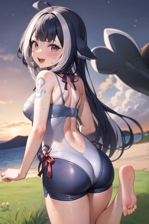 a girl with a big ass, she's on the magic beach, our butt is marked in the dress,He has rabbit ears, red eyes and white hair, she is smiling, your butt marked in black dress.