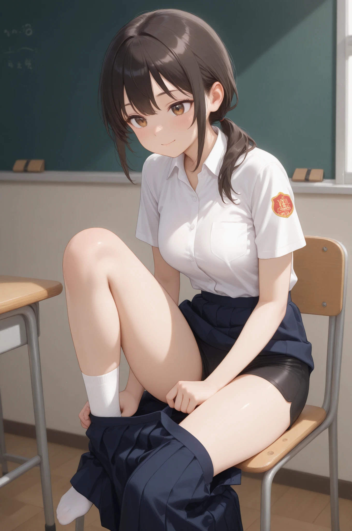 Highest quality,masterpiece,Black Hair,Friendly,One girl,Classmate,pubic hair,She takes off her  and shows me her naked body.,classroom,laughing,Girlfriend