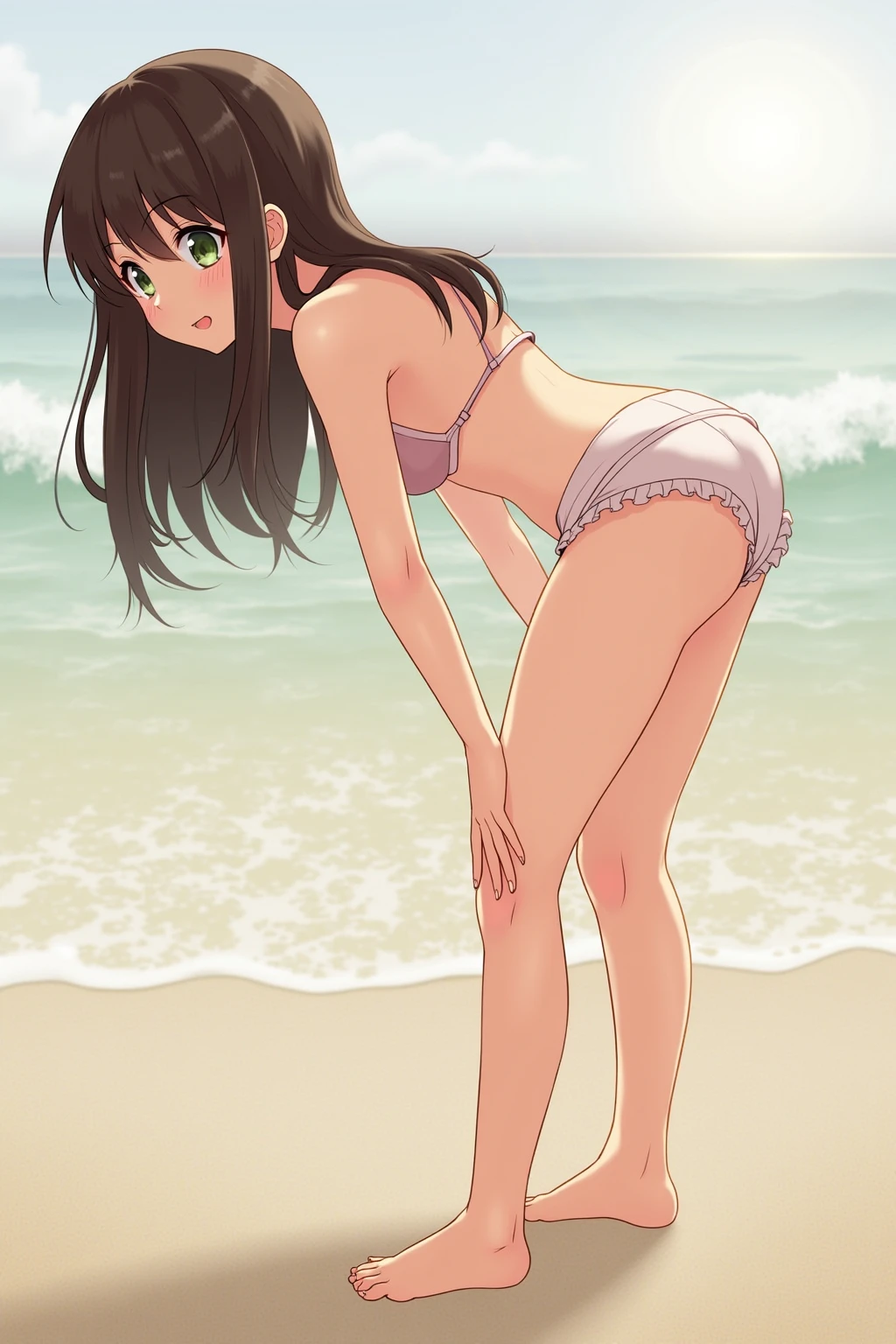 1girl,((naked, midium breasts)), cuerpo completo, flaco, en la playa, ((Portada de la revista)), small boobs, vello pubic,muslos gruesos,caderas anchas,Obra maestra, La mejor calidad,((sentada de piernas abiertas en la arena))lentes de playa,brown eyes,Shy look, leve sonrisa, coy smile ,Mirando al espectador,playa europea,arena blanca