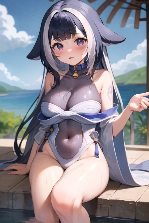 (masterpiece, best quality:1.2), cowboy shot, solo, 1girl, gbfazusa, blush, flustered, looking at viewer, hands on own chest, ponytail, horns, one-piece swimsuit, jewelry, earrings, beach <lora:gbf_azusa:1.0>