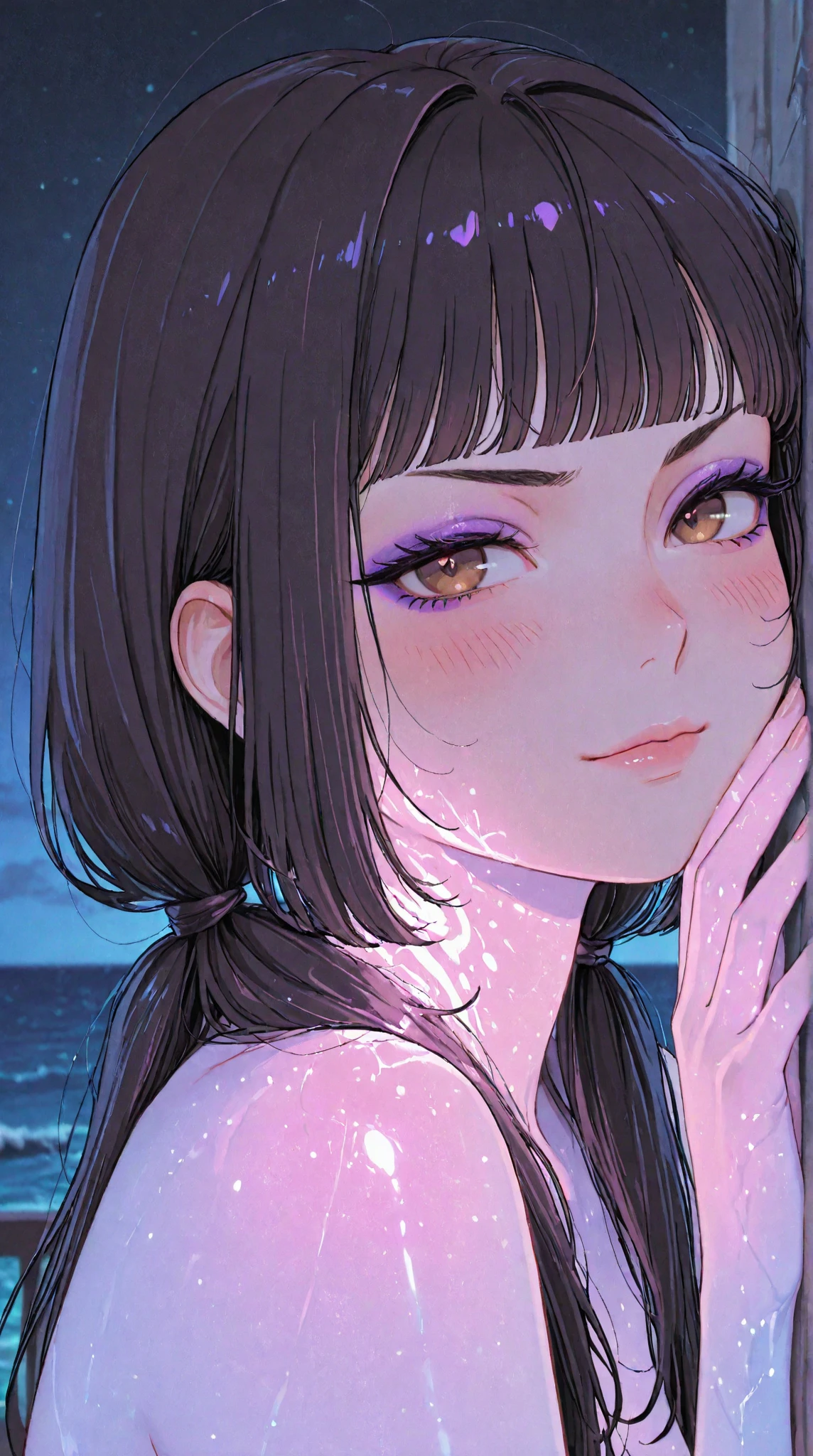 ultra HD,32k,detailed face,entangled by glowing colorful huge star fishs, insanely detailed and intricate, night,pool,RAW photo,ultra realistic photo,beautiful Japanese idol,kawaii,vivid, grow, 16yo,big eyes,detailed skin,clavicle,wavy and medium hair,detailed bikini with geometrc print,floating in pool,necklace,earrings,detailed shadow,gravure,wistful smile, looking back at viewer,colorful lighting, surreal