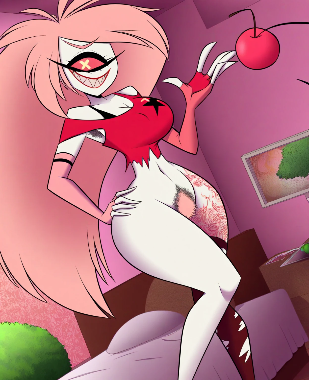 Apple, solo, 1girl, (huge breasts:1.5), BREAK score_9, score_8_up, score_7_up, score_6_up, screencap,