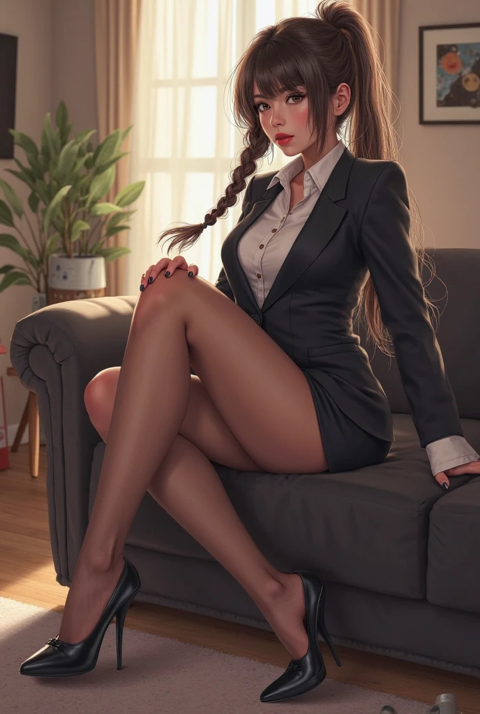 Hermione Granger,
long hair,
detailed face,
short office outfit with high heel sandals,
stockings,
perfect fit legs,
Female character,
crossed legs