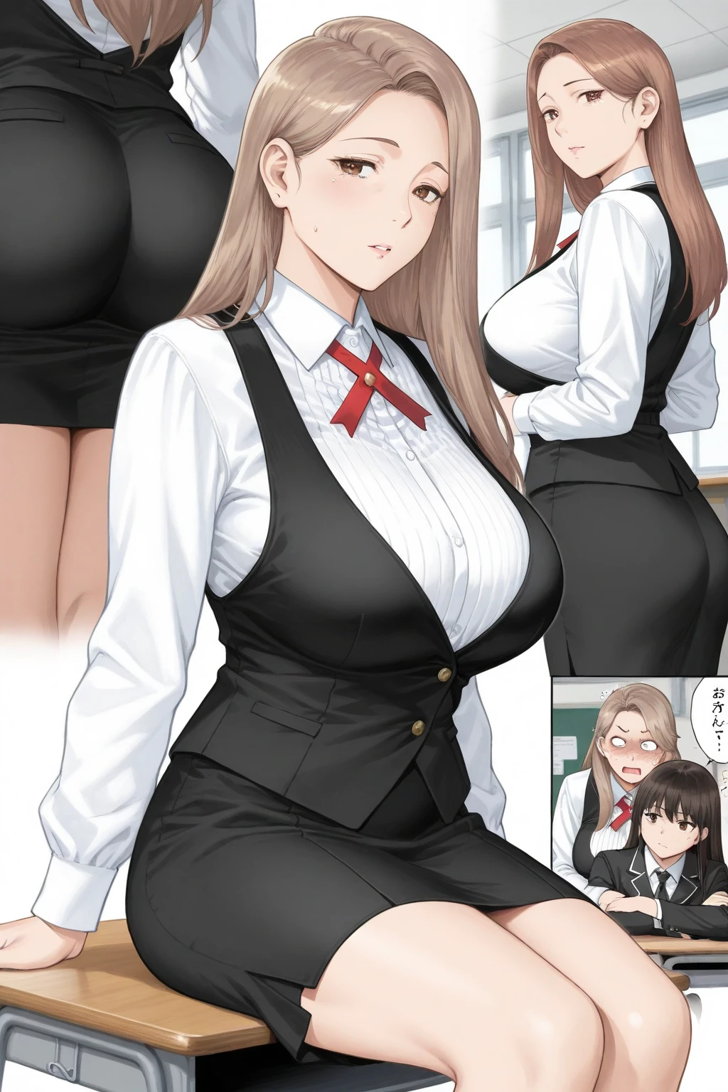 2heads, a tall thin woman with 2 heads. She has enormous breasts. She is wearing business attire. She is in an executive office. Laying on back, laying on desk. Straddling viewer, having sex with viewer. She has enormous fat breasts. She looks nerdy. Large circular glasses. She is smiling wide. She looks drunk. She has messy hair. She has giant hard nipples. She has gigantic fat breasts. She is very tall and thin. She looks young. Blushing, aroused. Drunk, intoxicated.
