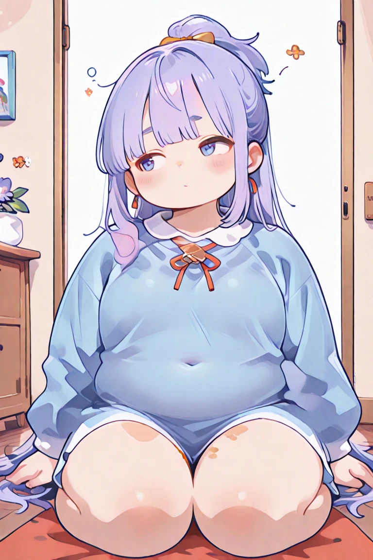 (bust:1.5),책 더미 위에 앉아 있는 big bust을 가진 애니메이션 캐릭터, Tsk tsk, , She has a jiggly, fat, round belly, brother, Ahegao, Kantai Collection Style, Fat Chan, thick black lineart, Shikamimi, cel shaded animation, brother proportions, big tummy, umamusume,(big bust:1.5), (Black eyes with a slight purple tint:1.5), (Very white and long hair with a bluish tint, weak perm:1.5), (oversized white shirt:1.5), (bare foot, round-rimmed glasses:1.5), (Belly Fat, muffin top, plump:1.1), (smiling faintly:1.5),(human ear,thin legs:1.5),