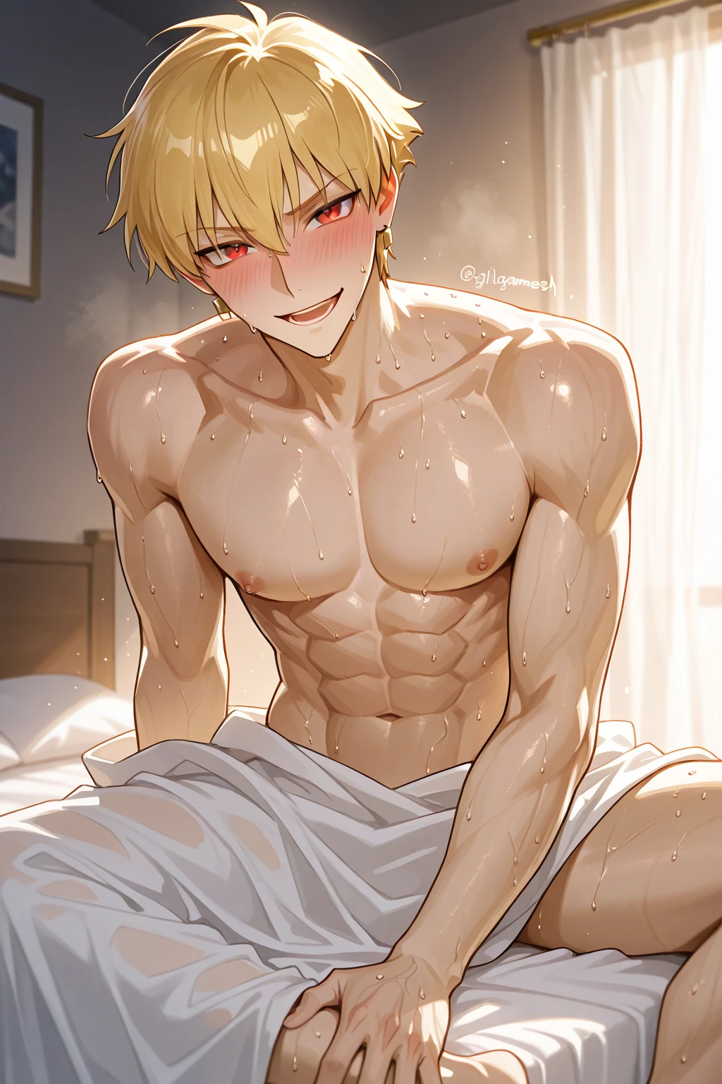 masterpiece, best quality, high quality,  1boy,10yo, , duo, male focus, full body, looking at viewer, yellow hair,spiky hairstyle, short hair, steam smork, japan style,  anime coloring, shy, home muji style, detailed face, topless, white towel on waist,