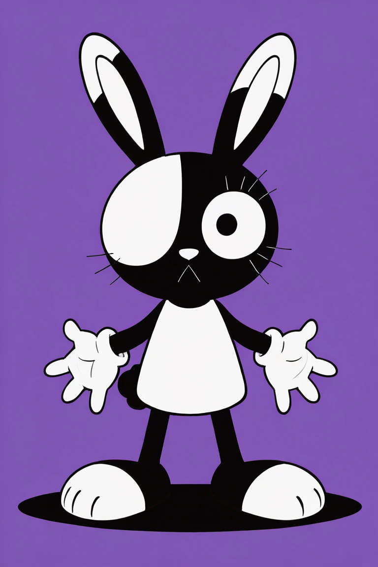 Create a full-body 3D model of a skeleton wearing a purple bunny costume. The costume should have a plush texture, with a soft and realistic appearance. The bunny should have large, flexible ears, a light gray belly, and a red bow tie on its neck. The skeleton should have a big smile and hollow, glowing purple eyes. The skeleton's hands and fingers should be bones. The character should be in a friendly pose, with one hand waving. The background should be transparent