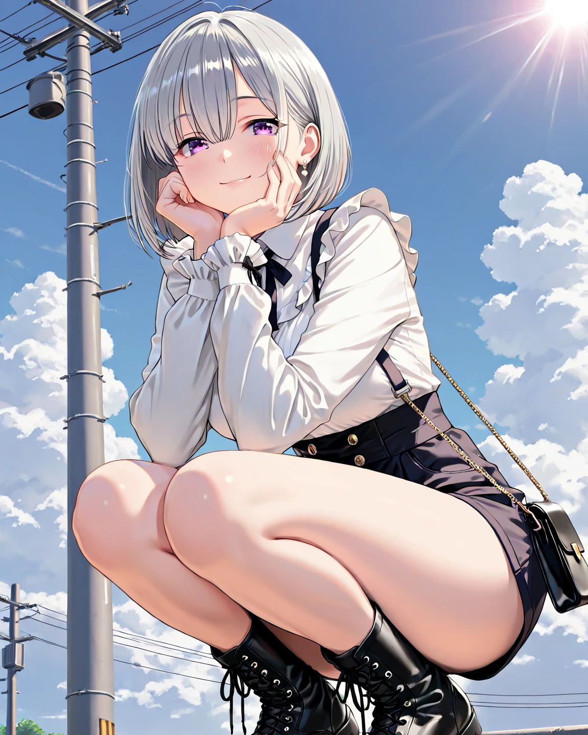 1girl in、A smile、A delightful! The shirt、pleatedskirt、White skirt、(small tits)Squatting panchira、