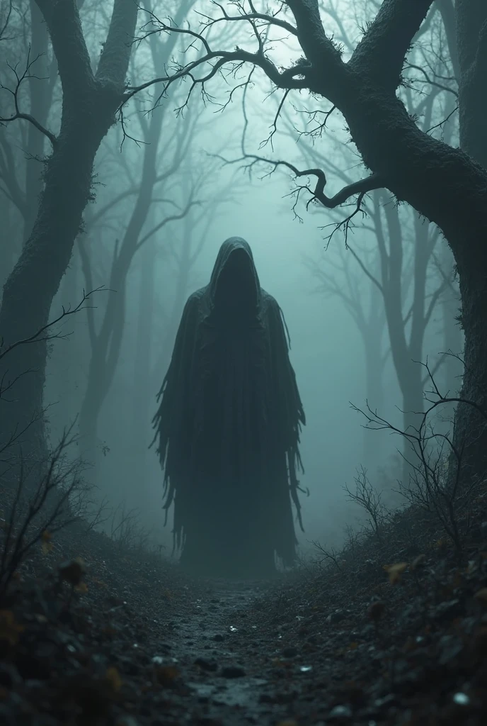 a ghost face in the sky, a haunted figure standing in front of him, detailed face, dramatic lighting, dark moody atmosphere, cinematic, ethereal, dramatic, dark fantasy, supernatural horror