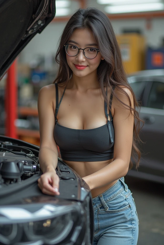 top quality, best quality, High-quality illustrations, masterpiece, super high resolution, detailed background, beautiful female, perfect anatomy, high res, depth of field, detailed background, mexican girl, 24 years old, toned and athletic build, natural beauty, long dark hair is pulled back in a messy bun, simple but stylish clothes, natural makeup, dark eyes, mechanic girl, cars, dirty but sexy