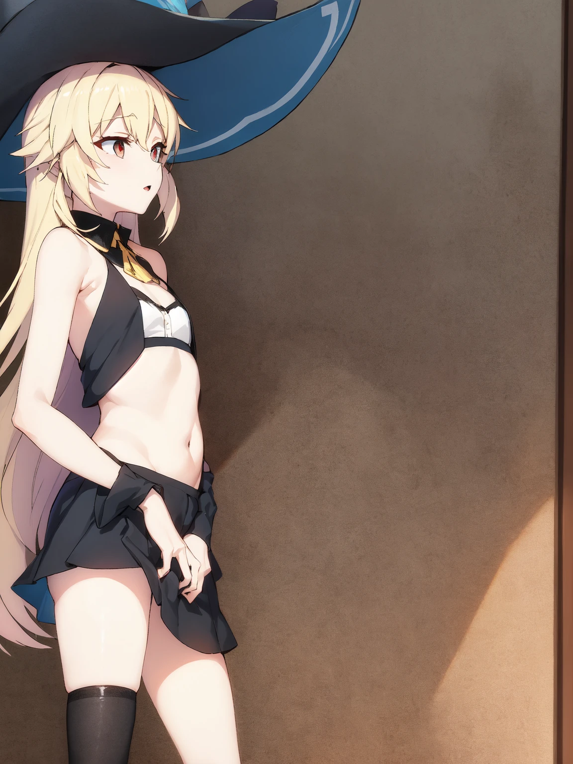 NSFW,masterpiece,highest quality,High resolution,Nisekoi,Chibara Kirizaki,long hair,blonde,blue eyes,red ribbon,Wedding dress,sleeveless,Navel exposed,garter belt,shy,(blush:1.5),(Sweat:1.5),being watched by a lot of people,night park