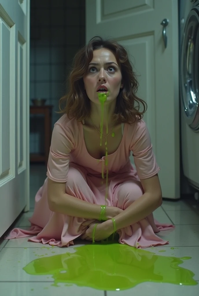 A cute woman, 50s clothing, has been caught by horror movie monster the Blob, she is encased in translucent slime that is dissolving her, mouth open to scream, body half dissolved