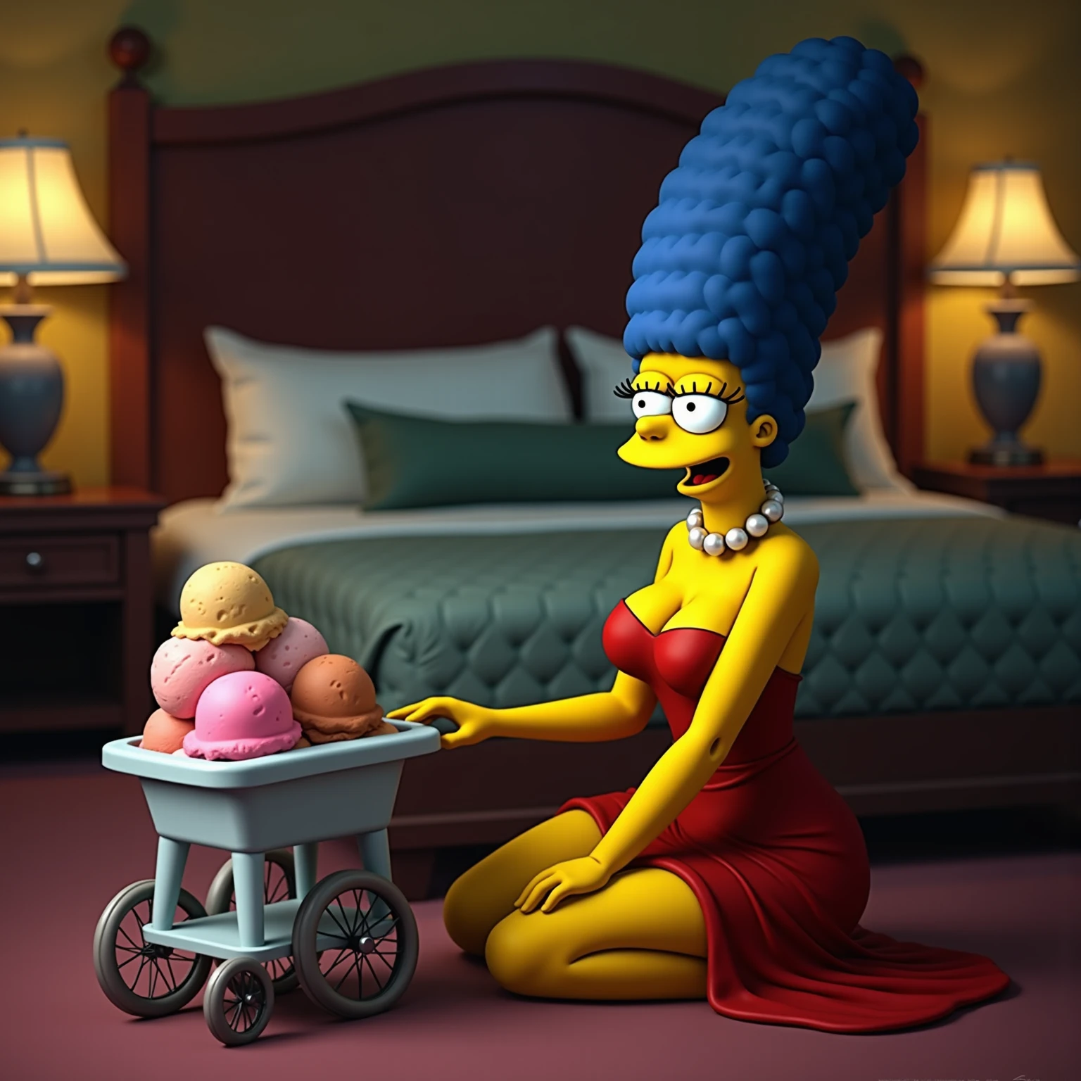 a DARK FANTACY THEME COURAGE THE COWARDLY DOG SITTING ON HIS MOTHERS LAP MUREAL