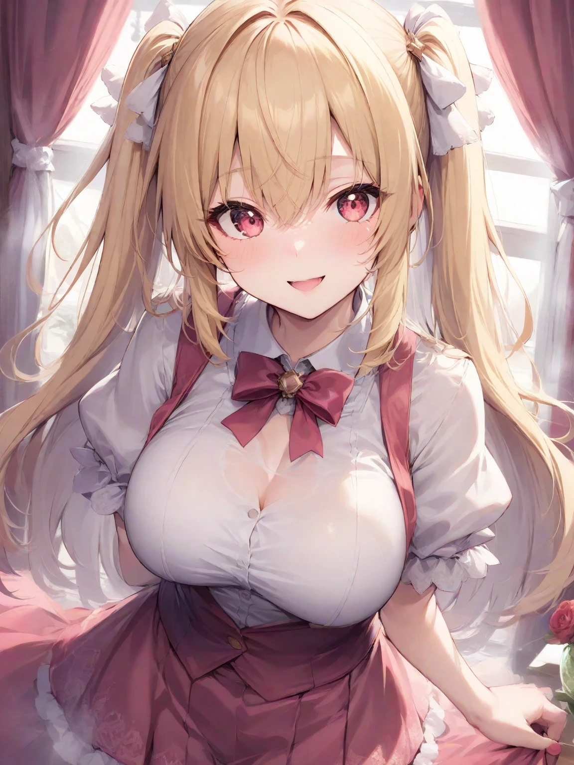 masterpiece, best quality, (looking at viewer:1.2),
1girl, cure peach, twintails, puffy short sleeves, ribbon choker, (pink boots:0.9), earrings, breasts, blonde hair, (smile:0.8), patterned background, outside border, heart background,
from above, (closed mouth:0.6),