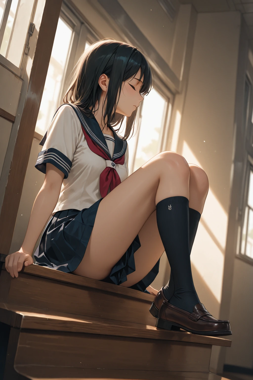 masterpiece, top quality, ultra high definition, illustration, colorful, flat color, depth of field, lens flare
1 girl, anime, sitting, cotton underwear, black hair, watching viewer, classroom, pleated mini skirt, school uniform, girls' high school, black pantyhose, detailed touch, detailed cloth texture, beautiful detailed face, long legs, tighten abs, (camel toe), (no panties), (without bra) ,(full body), masterpiece, highest quality, high resolution, see-through, misaligned white bra, Side tie T-back, from below, anger, disheveled underwear, rough breath, sexual expression, obscenity