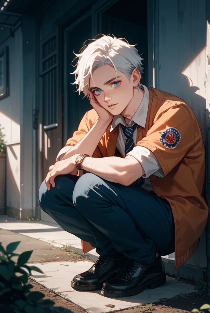 1 male, Japanese male model, high resolution 4k, young, handsome, perfect face detail, detailed eyes and face, clean shaved, sixpack, white eyebrow hair, white eyelashes, ????? torso, Detailed face, perfect face, dynamic lighting, Real skin texture, Perfect hand details, Real and complete hand details, unreal engine, hd picture, satoru gojo, Jujutsu kaisen, white hair, short hair ,hair between eyes ,blue eyes, white skin, Tie