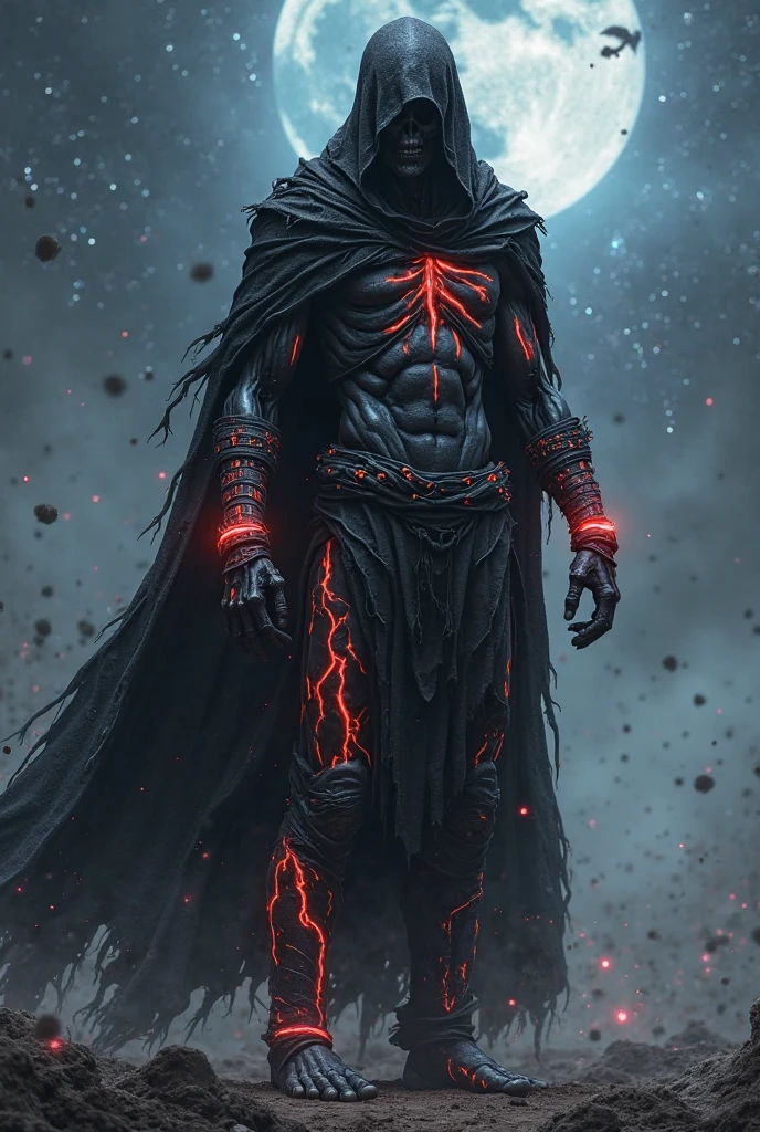 Conceptual Photography of a Hell Messenger, a figure cloaked in darkness and surrounded by an otherworldly aura. The messenger stands in a barren wasteland, illuminated by a blood-red sky and a full moon casting an eerie glow. Their presence evokes a sense of impending doom and despair. In their hands, they hold a charred and tattered scroll, containing messages from the depths of the underworld. Shot with dramatic backlighting and a wide-angle lens, this image captures the haunting and supernatural essence of the Hell Messenger. The composition utilizes negative space to emphasize the isolation and desolation of the messenger. --s 1000