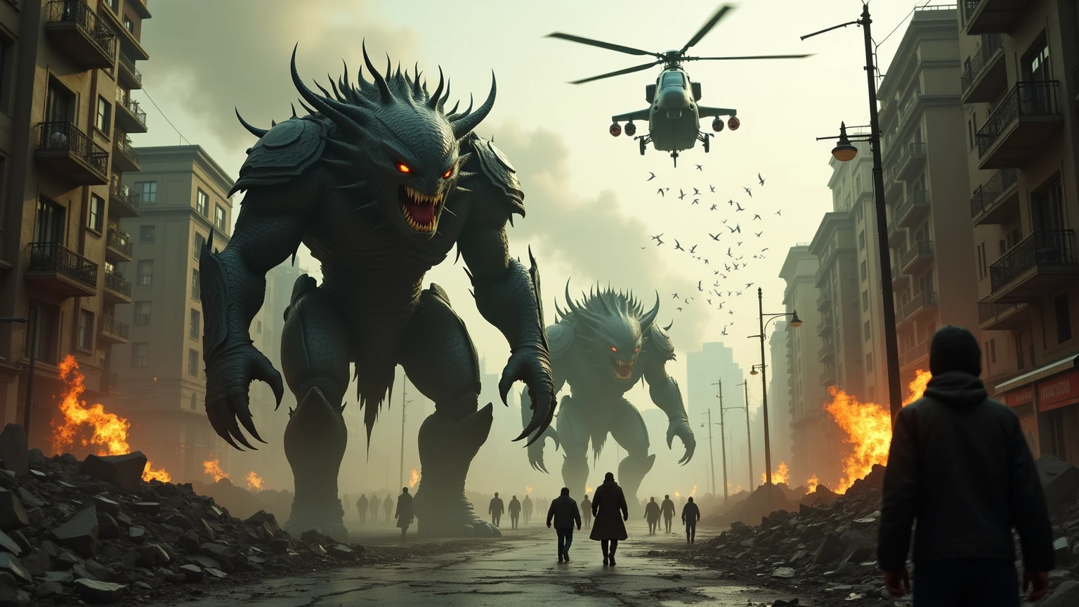 cities in ruins attacked by monsters seen from above