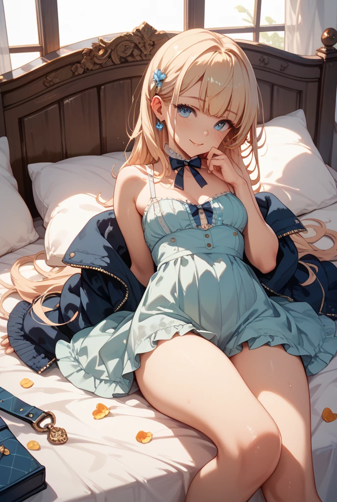 masterpiece, highest quality, High resolution, 14-year-old girl、blue eyes、
blonde,  Braiding, White Dress, White panties、room、bed、Sit with one leg up
