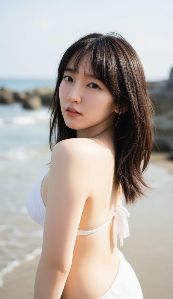 (RAW Photos: 1.2), (Realistic: 1.4), (highest quality: 1.4), Ultra-high resolution, (Fine Eyes),Nude Photos,Full body photo、Gravure photo,1. High school girl,(Large Breasts),You can see the chest、Black Hair,((White gathered blouse、pastel cardigan)),Bright Eyes,Blushing,smile,Highly detailed face and skin texture, Healthy Skin,(Beach),8K resolution