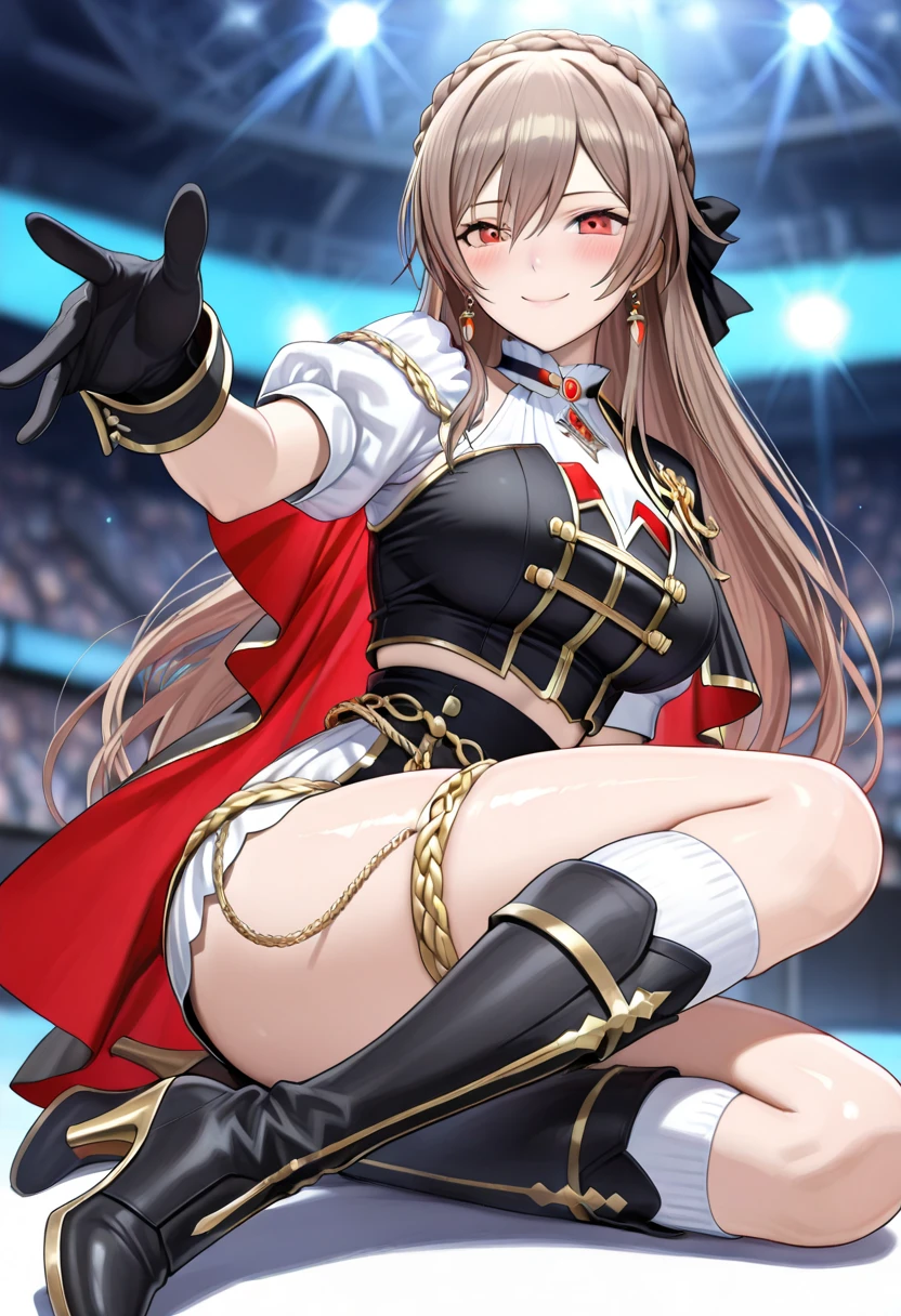 ((highest quality、High resolution、Highly detailed CG Unity 8K wallpaper))、detailed face、perfect body、unparalleled beauty、beautiful breasts、open your legs、shy smile、I&#39;m seducing you、sing、dance、((She lifts up her skirt and shows her panties on live stage))