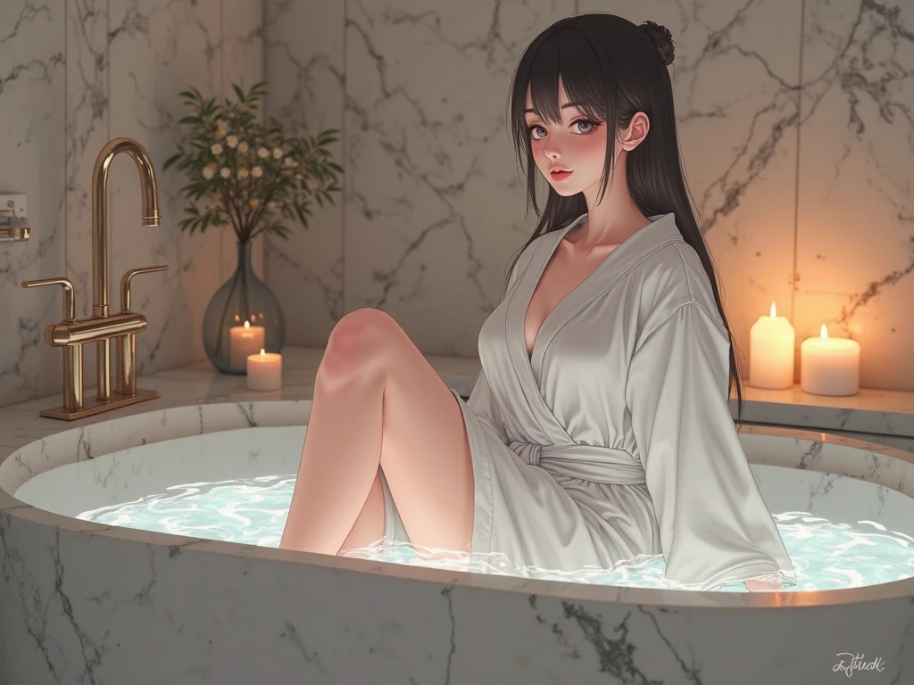 Highly detailed CG Unity 8k wallpaper, of the highest quality, super detailed, masutepiece, Realistic, Photorealistic, extremely detailed cute girl, 25 years old, ((Black hair: 1.4)), ((Dyed black)), (Gal), Round eyes, viewer, blush, Parted lips, Semi-body shot, (bath robe) , bed , all-fours ,Short hair, Ria_Sunda、Niso