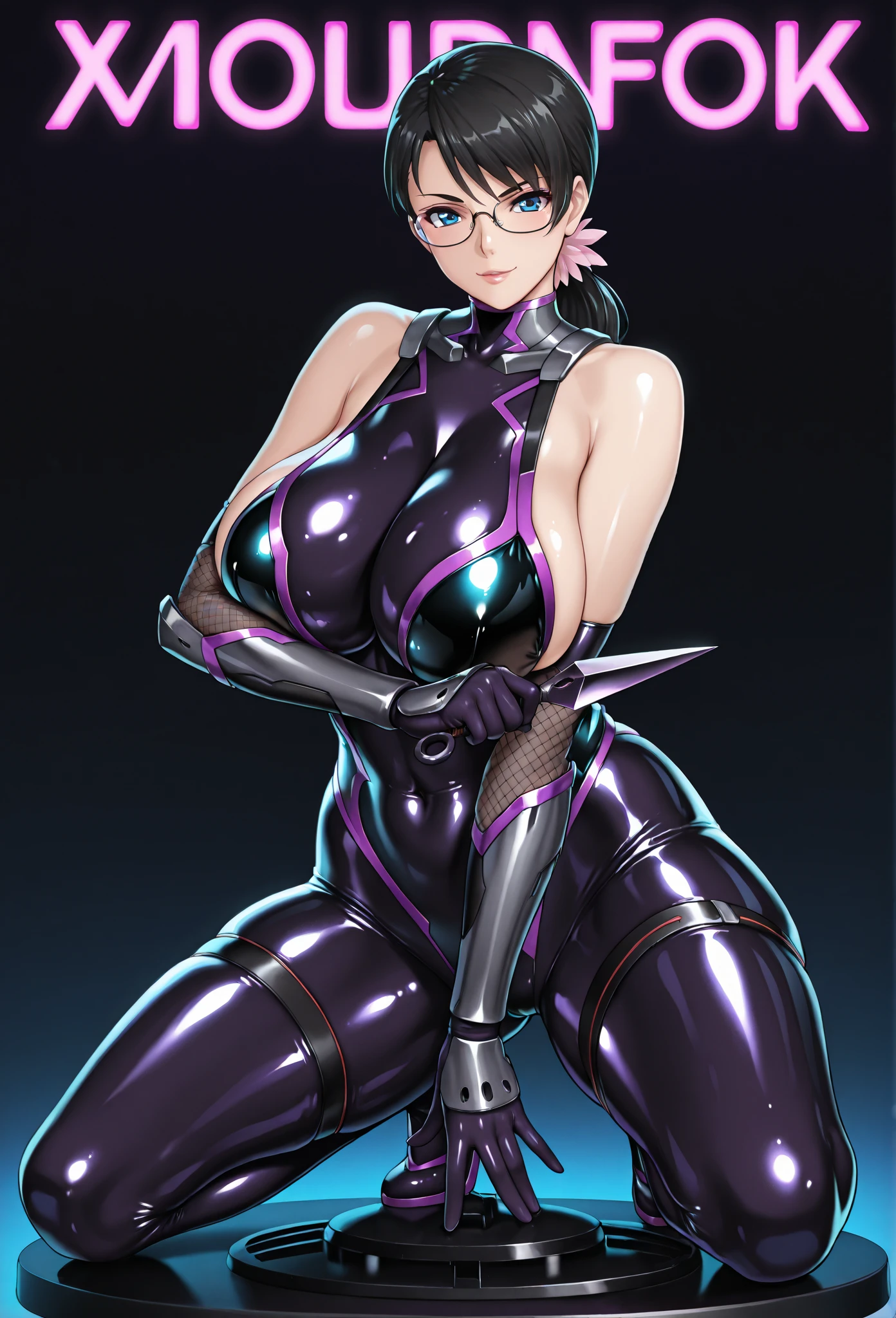Beautiful young teenager, 1girl, purple hair, blue eyes, extremely short hair, freckles on face, happy, smiling, blushing, thin frame eyeglasses, thick lips, full lips, huge breasts, extreme cleavage, deep cleavage, very thin body, skin-tight jumpsuit, unzipped, exposed ribcage, exposed bellybutton, choker, perfect anatomy, futuristic technology background, ultra-detailed, 4k, 8k, best quality, masterpiece, detailed background