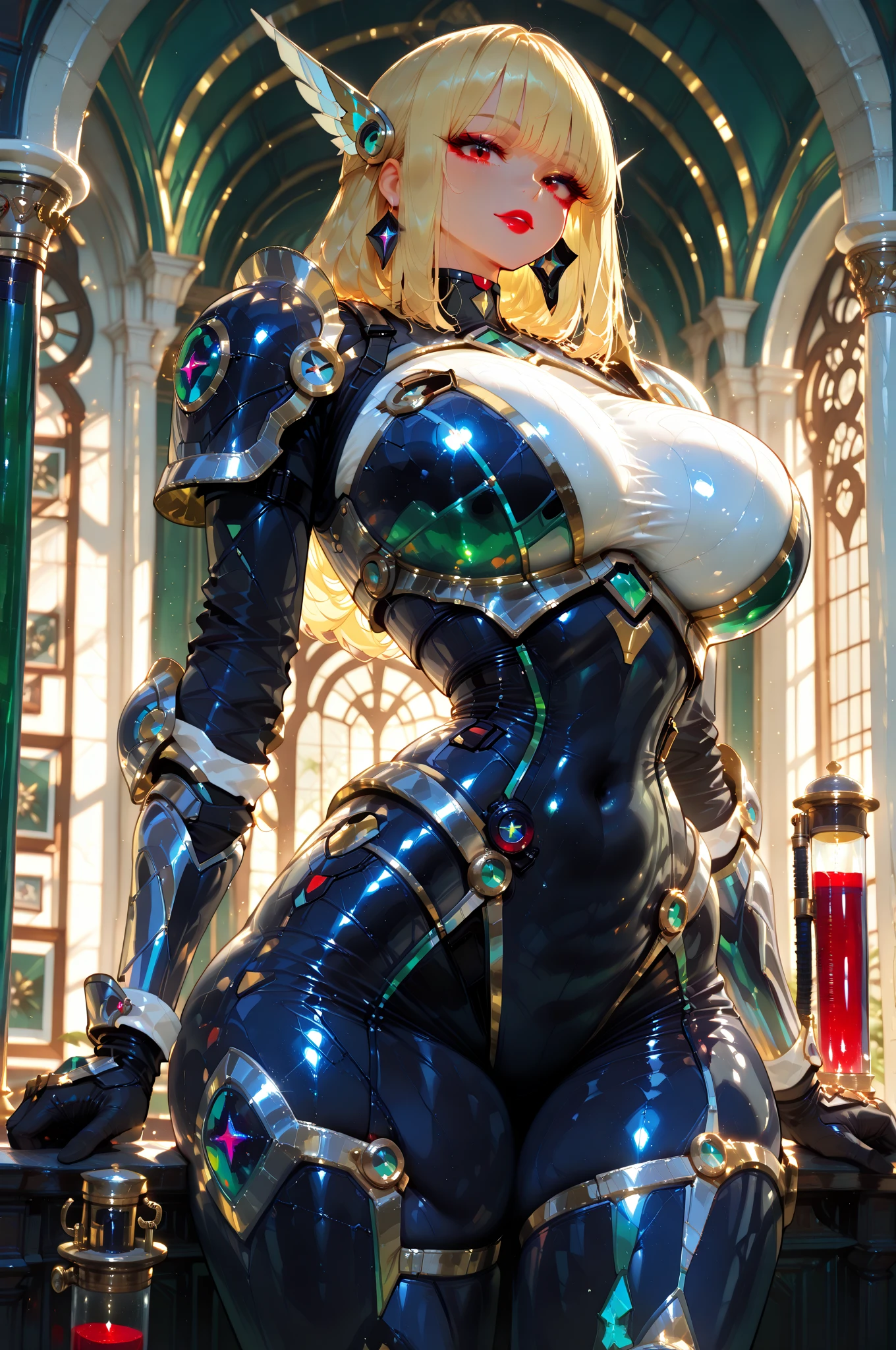 Military green translucent armor，Arm mecha，blonde short hair，Long ponytail hairstyle，Large Breasts，Cleavage，Pistol hanging from waist，fighter pilot，fighter hangar，Sexy，Lipstick，miss，Golden Eyes，stockings，Short skirt，Smile，red glasses