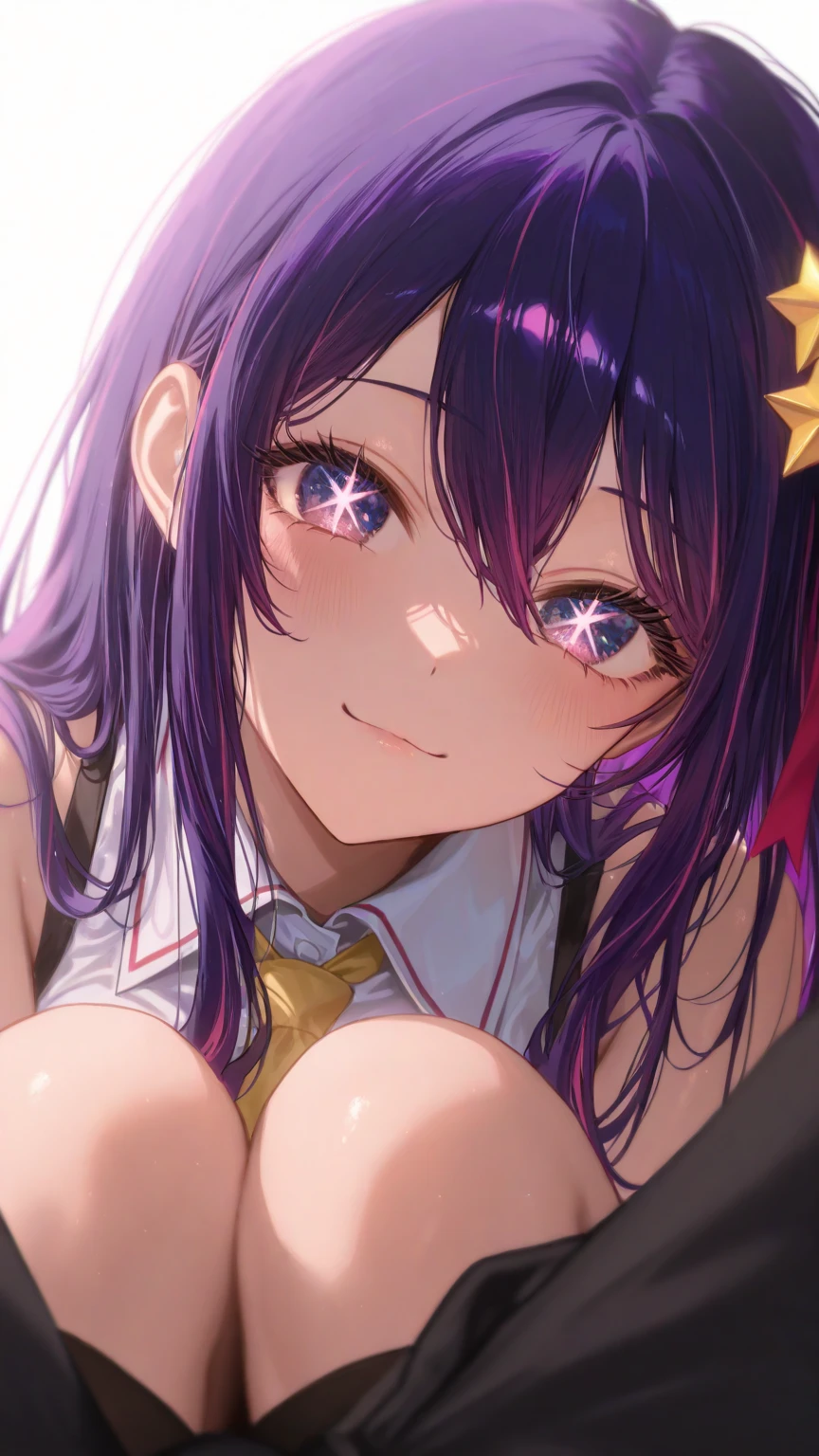 1girll,((There is a five-pointed star in the eye))Gorgeous Hair in Long Purple,Smile,Open mouth,Inches,Unfasten the buttons,nedium breasts,Blushlush,Cat ears,Classroom,classroom desk,all fours,white stockings,((Be red in the face))Tongue stock