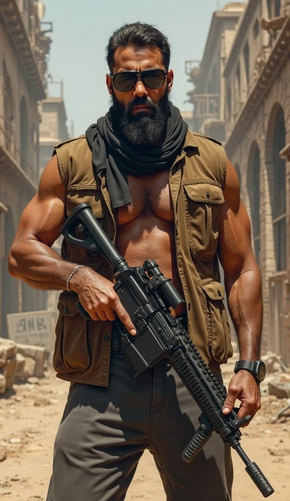 A very muscular man with a strong build. He has a well-defined jaw and a serious expression, doesn't look at the camera. Su piel es clara, y tiene barba corta. karateka, Running for your life!, pants, chaqueta gruesa abierta mostrando su torso bien definido, hermoso rostro，lleno de luz，Una mirada decidida, corte militar, ruso, apocalyptic city background, luchando contra zombies, punches against zombies, sneaker mask, gafas de sol, torso peludo, cara mirando a otro lado, no background vacío, dinamic pose
