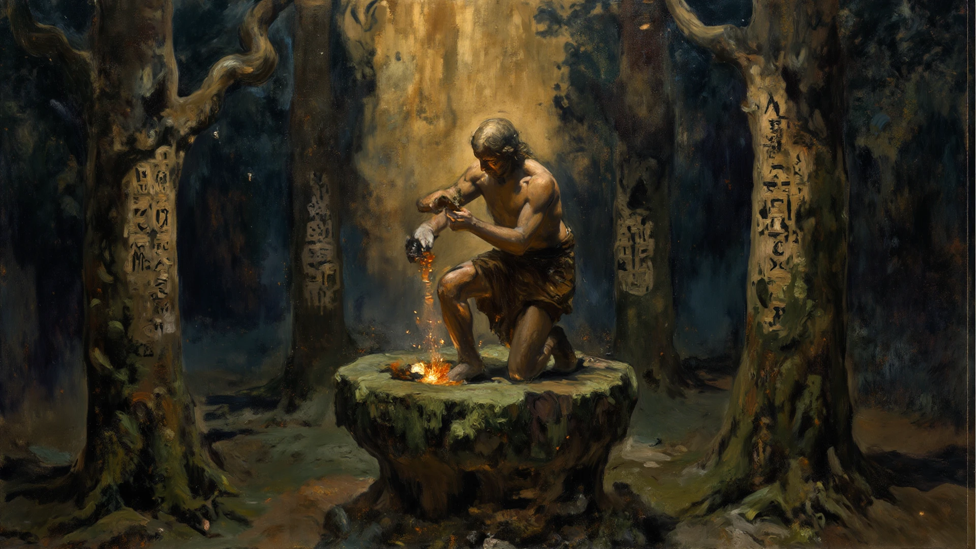 forst, Thu, 2d, dark surroundings, dried leaves, Apple falling to the ground, dark evening, several bown human sculptures with expressions of fear, a fountain of water coming out mud, ampty, only with brown sculptures 