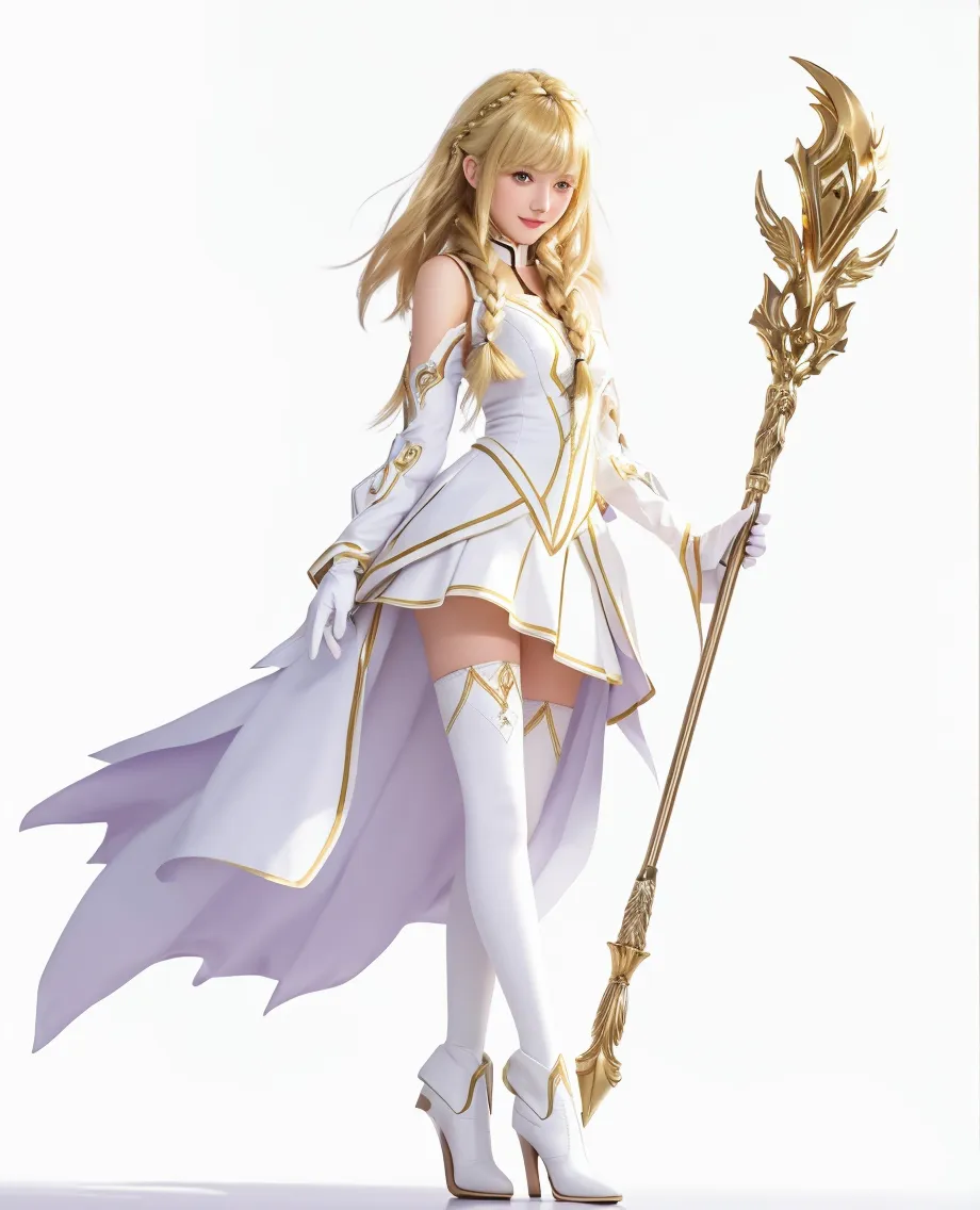 8k, best quality, masterpiece, highly detailed, semi realistic, 1 girl, young female, 19 years old, golden long hair, right eye covered by Bangs, blue right eye, jewelry crown, palace style white and gold short skirts, golden iron boots, slim figure, holding a sword,Bow and arrow, holding a bow and arrow, shooting arrows,