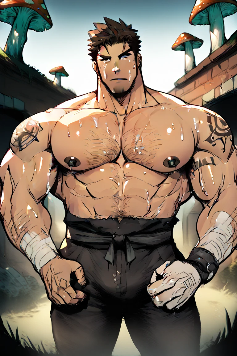  Young man, cute, handsome, youthful, determined, driven, focused, passionate,  bashful, 19-year-old, (combed parted brown hair), (glossy tan skin), (big tired green eyes), (wrestler), ripped, shredded, (torn (black) (wrestling singlet) ), (sneakers), well-trained muscles, strong, powerful muscles, sweating, sweaty, exhausted, intense gaze, icy stare, fighting stance, alone in a training gym, atmospheric, masterpiece, (90s anime)